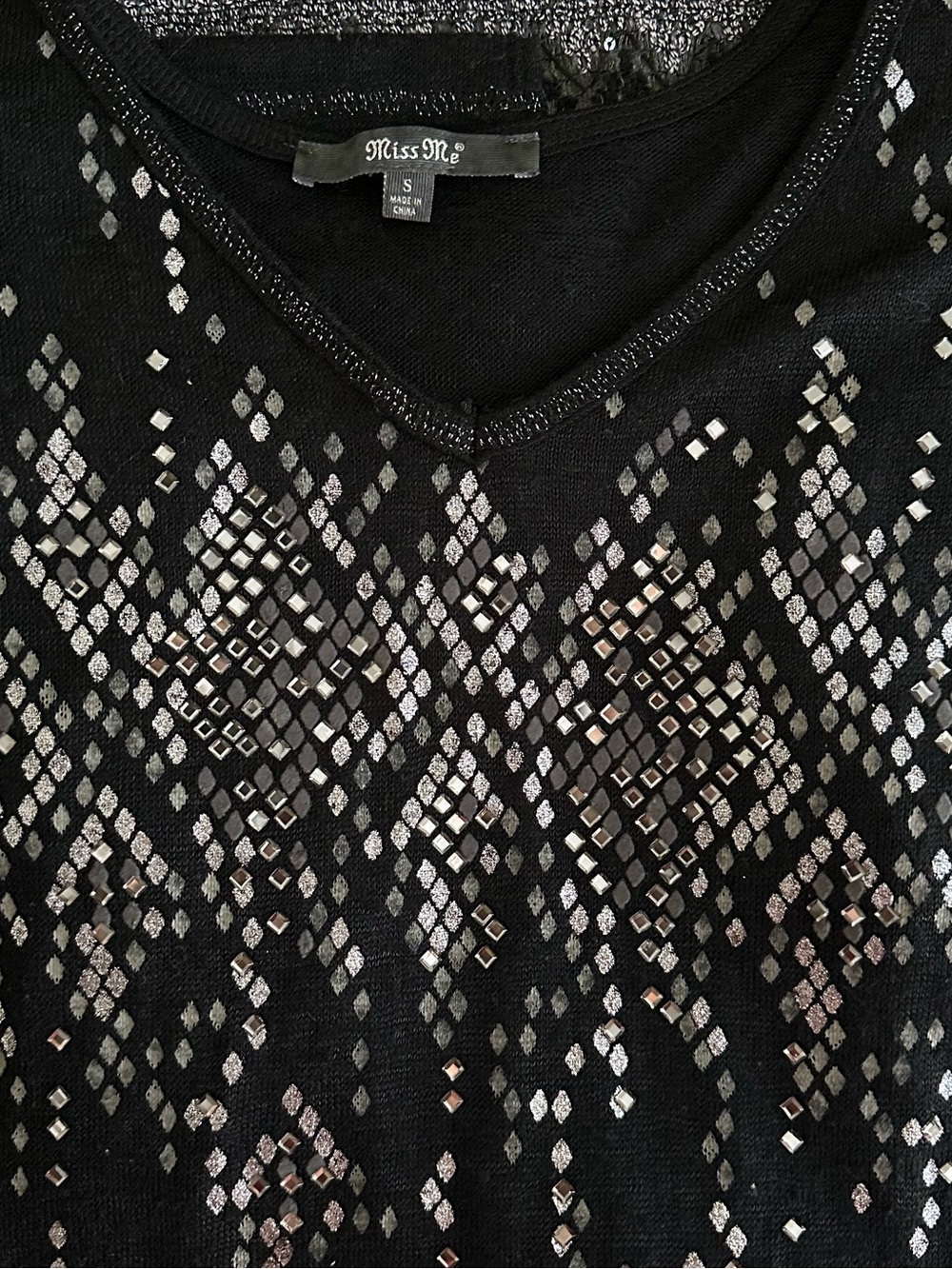 Miss Me Black & Silver Grunge Rhinestone Embellished Long Sleeve Top - Picture 5 of 6